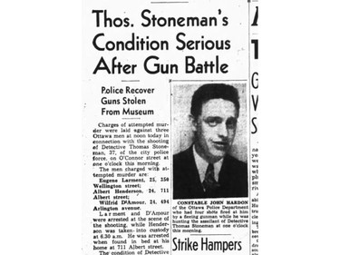 Newspaper clipping about Ottawa Police Detective Thomas Stoneman's murder in 1945.