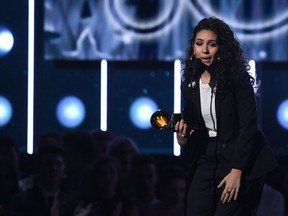 Alessia Cara receives the Best New Artist Grammy during the 60th Annual Grammy Awards show on January 28, 2018, in New York.