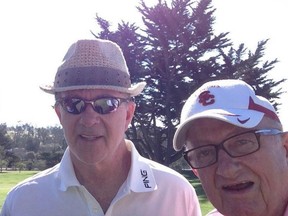 The late Alan Thicke (left) is seen here enjoying a day of golf with his father, Dr. Brian Thicke (right). Out of frame is Todd Thicke.