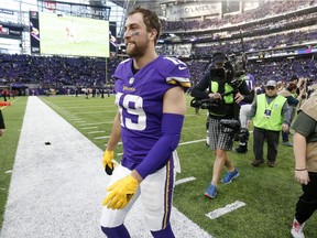 Minnesota Vikings wide receiver Adam Thielen walks off the field after an NFL game against the Chicago Bears on Dec. 31.