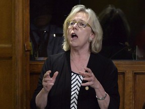 Green Party Leader Elizabeth May asks a question during question period in the House of Commons on Parliament Hill in Ottawa on Wednesday, May 31, 2017. May says political staffers on Parliament Hill are much younger and more vulnerable to sexual harassment, noting up until recently they didn't have access to a complaint process to flag abuse of any kind.