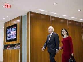 Minister of Foreign Affairs Chrystia Freeland, right, meets former prime minister Brian Mulroney before a lunch discussion with the original NAFTA negotiating team, in Toronto on September 22, 2017. Brian Mulroney is delivering a spirited defence of the North American Free Trade Agreement as he testifies before the U.S. Senate Committee on Foreign Relations in Washington. The former Conservative prime minister says the trade deal has benefited both the United States and Canada -- not only from an economic perspective, but also in terms of establishing the most peaceful and prosperous bilateral relationship in history.