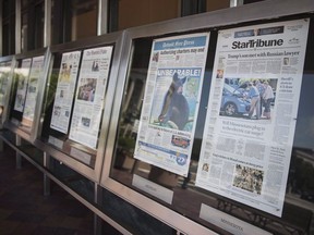 Newspaper front pages are displayed at the Newseum in Washington on July 10, 2017. Newsprint is the latest Canadian product to be hit with preliminary countervailing duties from the United States. The U.S. Department of Commerce slapped an overall tariff of 6.53 per cent on about 25 Canadian plants, mostly in Quebec and Ontario, following an investigation that began in August 2017. Canada is the largest exporter of newsprint in the world, with a market dominated by Resolute Forest Products, Kruger and Catalyst Paper Corp. of British Columbia.