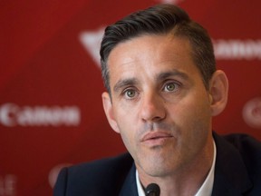 Canadian national women's soccer team coach John Herdman speaks during a news conference in Vancouver on April 14, 2016. Soccer Canada has announced new leadership of the Men's National Team Program under Herdman.