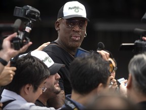 Former NBA basketball player Dennis Rodman arrives at Beijing Capital International Airport in Beijing, Saturday, June 17, 2017, after a flight from Pyongyang, North Korea.