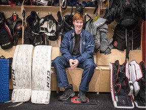 Gabe Ferron-Bouius, 14, sits in the dressing room of the Ottawa 67's on Tuesday. Ferron-Bouius was invited to practise with the OHL team at TD Place arena. Chris Hofley/Ottawa 67's photo