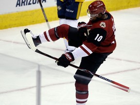 Arizona Coyotes left winger Anthony Duclair celebrates after scoring a goal against the Nashville Predators on Jan. 4, 2018