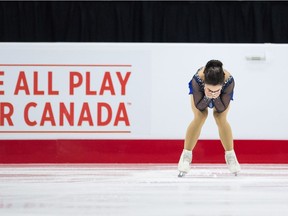 Gabrielle Daleman of Newmarket, Ont., reacts after performing her free program during the senior women's competition of the Canadian figure skating championships at Vancouver on Saturday.