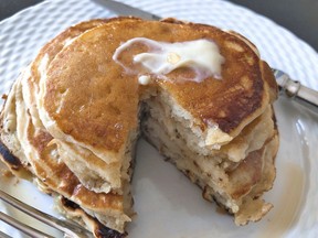 Ripe banana pancakes. The bananas are mashed as if making banana bread and added to the batter right before the pancakes are prepared. The result is almost like banana bread pancakes.