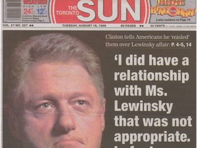 Toronto Sun front page, Aug. 18, 1998: then-U.S. president Bill Clinton tells Americans he 'misled' them over his affair with former intern Monica Lewinsky.