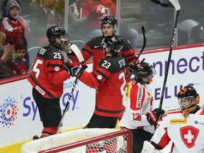 Canadian players celebrate a Jordan Kyrou goal against Switzerland in pre-world junior exhibition play on Dec. 22.