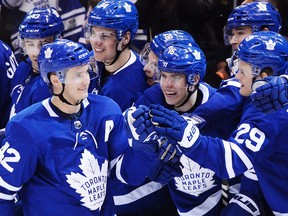 Toronto Maple Leafs centre Tyler Bozak (42) celebrates his goal against the San Jose Sharks during shootout NHL hockey action, in Toronto on Thursday, January 4, 2018.