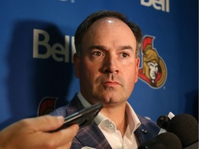 Senators GM Pierre Dorion met with his players in the team dressing room following his club’s listless effort in a 4-1 loss to the St. Louis Blues at home Thursday.