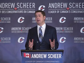 Conservative Party Leader Andrew Scheer addresses his caucus during the national Conservative caucus meeting in Victoria, B.C., Wednesday, Jan. 24, 2018.