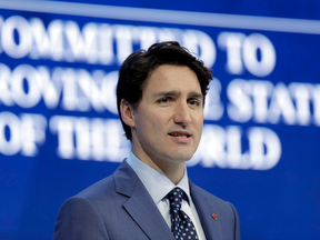 Justin Trudeau speaks about women and corporate responsibility at the World Economic Forum in Davos, Switzerland on Jan. 23.
