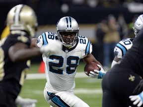 Carolina Panthers running back Jonathan Stewart (28) carries in the first half of an NFL football game against the New Orleans Saints in New Orleans, Sunday, Jan. 7, 2018.