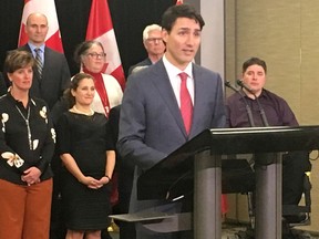 Prime Minister Justin Trudeau speaks with the press following a two day cabinet meeting at the London Convention Centre on Friday January 12, 2018