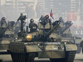 Soldiers in tanks were paraded on the Kim Il Sung Square during a military parade on Saturday, April 15, 2017, in Pyongyang, North Korea to celebrate the 105th birth anniversary of Kim Il Sung. The parade on February 9th will celebrate the birth of the Korean People's Army.