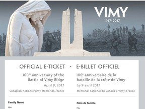 An e-ticket for the Vimy 100 event in France