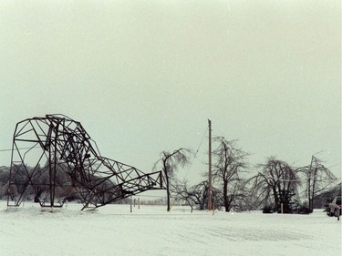 A series of Hydro towers high voltage towers near Marelville, Ontario Saturday that collapsed after a severe ice storm hit Eastern Ontario in this Jan.10, 1998. More than three million people were affected by the ice storm that was devastating but also produced images of rare beauty.