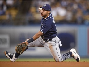 Third baseman Yangervis Solarte holds on to the ball after catching a line drive during a game in September 2017.