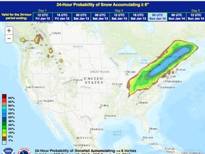 U.S. Weather Service map shows forecast of snowfall Saturday.