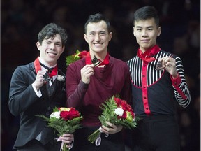 Here are the senior men's medallists from the Canadian figure skating championships in Vancouver on Saturday, left to right: second-place Keegan messing, winner Patrick Chan and third-place Nam Nguyen.