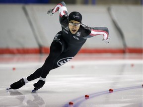 Gilmore Junio skates during the men's 500-metre race at the Olympic Speed Skating selections trials in Calgary on Friday.THE CANADIAN PRESS/Jeff McIntosh