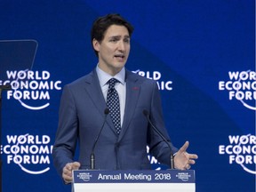 Prime Minister Justin Trudeau addresses the World Economic Forum Tuesday, January 23, 2018 in Davos, Switzerland.