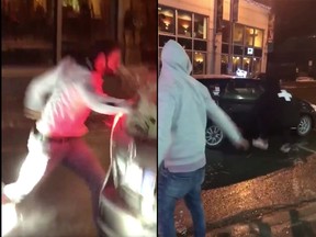 Screen capture from Twitter video of man punching out a window of a possible taxi cab.