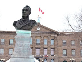 Sir Isaac Brock, the War of 1812 hero after whom Brockville is named, keeps watch over the St. Lawrence River from his perch in front of the city's historic court house, built in 1843.