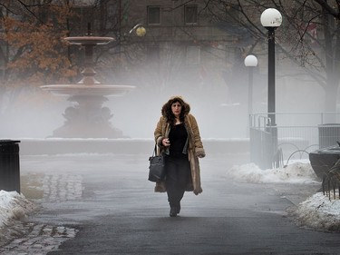 Bahie Daoud walks through Confederation Park with fog hanging over the snow as the region experiences a wide range of temperatures on Friday.