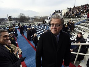 FILE - In this Jan. 20, 2017, file pool photo, Steve Bannon, appointed chief strategist and senior counselor to then- President-elect Donald Trump, arrives for the presidential inauguration at the US Capitol in Washington. Trump returned fire with both barrels Jan. 3, 2018, against criticism leveled at him in a new book that says he never expected -- or wanted -- to win the White House, his victory left his wife in tears and a senior adviser thought his son's contact with a Russian lawyer during the campaign was "treasonous."
