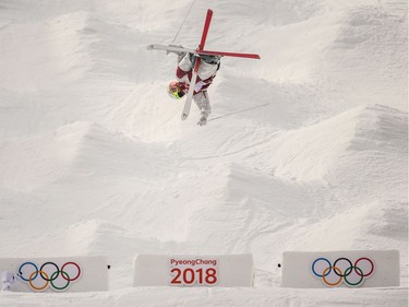 Mikael Kingsbury of Canada takes 1st place during the Freestyle Skiing Men's & Women's Moguls Qualifications at Pheonix Snow Park on February 9, 2018 in Pyeongchang-gun, South Korea.