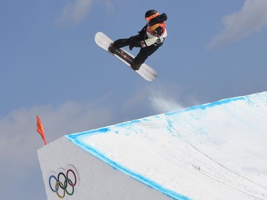 TOPSHOT - Canada's Mark McMorris competes in a run during the final of the men's snowboard slopestyle at the Phoenix Park during the Pyeongchang 2018 Winter Olympic Games on February 11, 2018 in Pyeongchang.