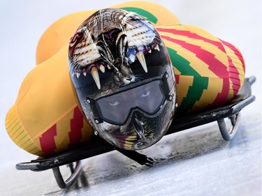 TOPSHOT - Ghana's Akwasi Frimpong takes part in a training session for the men's skeleton event at the Olympic Sliding Centre, during the Pyeongchang 2018 Winter Olympic Games in Pyeongchang, on February 11, 2018.