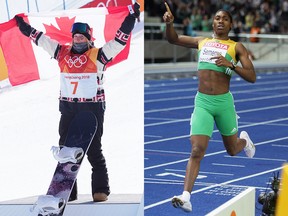 Ladies' snowboard slopestyle silver medallist Laurie Blouin of Canada celebrates a great performance, left, in South Korea this week. At right, Caster Semenya, South African track athlete, is pictured. Sexist and racist attitudes dog women at the Summer Olympics, but aren't as prevalent for the winter games, argues Celeste Orr.