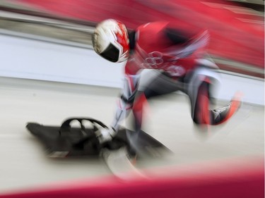 Barrett Martineau of Canada a starts his men's skeleton training session at the Olympic Sliding Centre, during the Pyeongchang 2018 Winter Olympic Games in Pyeongchang, South Korea on February 13, 2018.