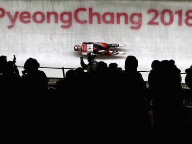 Alex Gough of Canadan slides during the Luge Women's Singles run 4 on day four of the PyeongChang 2018 Winter Olympic Games at Olympic Sliding Centre on February 13, 2018 in Pyeongchang-gun, South Korea.