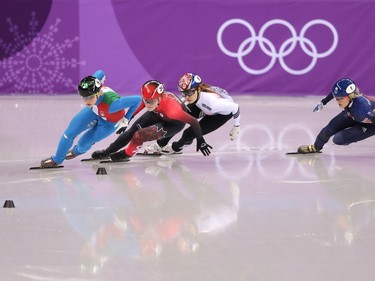 Minjeong Choi of Korea, Arianna Fontana of Italy, Kim Boutin of Canada and Elise Christie of Great Britain compete during the Ladies' 500m Short Track Speed Skating final on day four of the PyeongChang 2018 Winter Olympic Games at Gangneung Ice Arena on February 13, 2018 in Gangneung, South Korea.