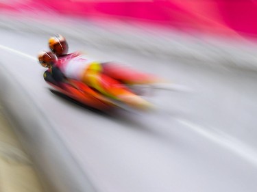 Germany's Tobias Wendl and Tobias Arlt compete in the doubles luge run 1 during the Pyeongchang 2018 Winter Olympic Games at the Olympic Sliding Centre on February 14, 2018 in Pyeongchang.
