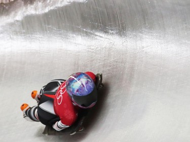 Skeleton competitor Mirela Rahneva of Ottawa is seen during the women's 4th skeleton training run during the 2018 Winter Olympics in Korea, February 13, 2018.