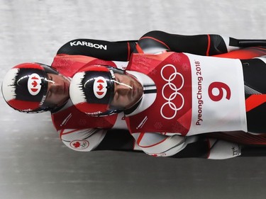 Tristan Walker and Justin Snith of Canada slide during the Luge Doubles run 1 on day five of the PyeongChang 2018 Winter Olympics at the Olympic Sliding Centre on February 14, 2018 in Pyeongchang-gun, South Korea.