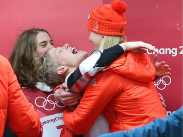 Alex Gough of Canada celebrates her bronze medal in the women's luge at during the 2018 Winter Olympics in Korea, February 13, 2018.