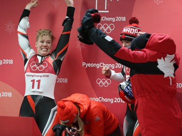 Alex Gough of Canada reacts in jubilation once she learns that she won the bronze medal in the women's luge at during the 2018 Winter Olympics in Korea, February 13, 2018.