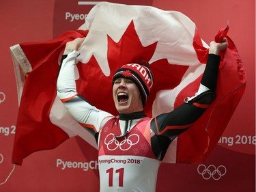 Alex Gough of Canada reacts in jubilation once she learns that she won the bronze medal in the women's luge at during the 2018 Winter Olympics in Korea, February 13, 2018.