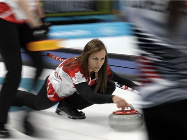 Canada's skip Rachel Homan prepares to throw the stone during their women's curling match against South Korea at the 2018 Winter Olympics in Gangneung, South Korea, Thursday, Feb. 15, 2018.