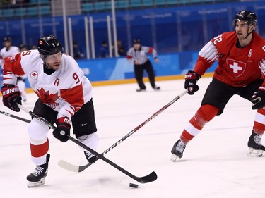 Derek Roy #9 of Canada controls the puck against Switzerland during the Men's Ice Hockey Preliminary Round Group A game on day six of the PyeongChang 2018 Winter Olympic Games at Kwandong Hockey Centre on February 15, 2018 in Gangneung, South Korea.
