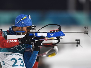 France's Martin Fourcade practises at the shooting range prior to the men's 20km individual biathlon event during the Pyeongchang 2018 Winter Olympic Games on February 15, 2018, in Pyeongchang.