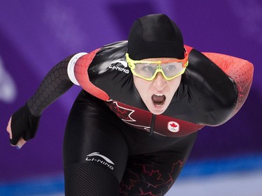 Ivanie Blondin, of Canada, competes in the women's 5000m speedskating finals during the 2018 Olympic Winter Games in Gangneung, South Korea on Friday, February 16, 2018.